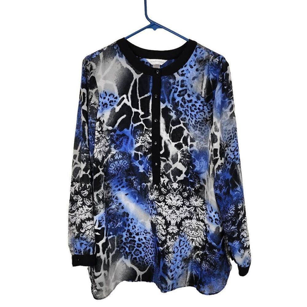 Christopher & Banks Women's Blue Floral 1/2 Button Front Blouse Size Large